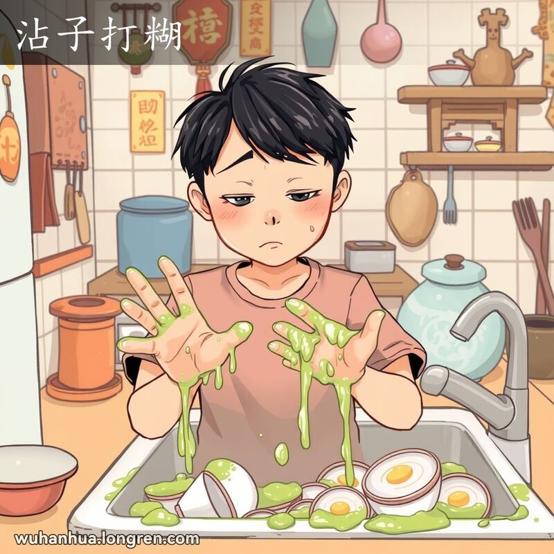 一个人在厨房里，手上沾满黏糊糊的污垢，显得烦躁不适，背景是武汉家庭厨房