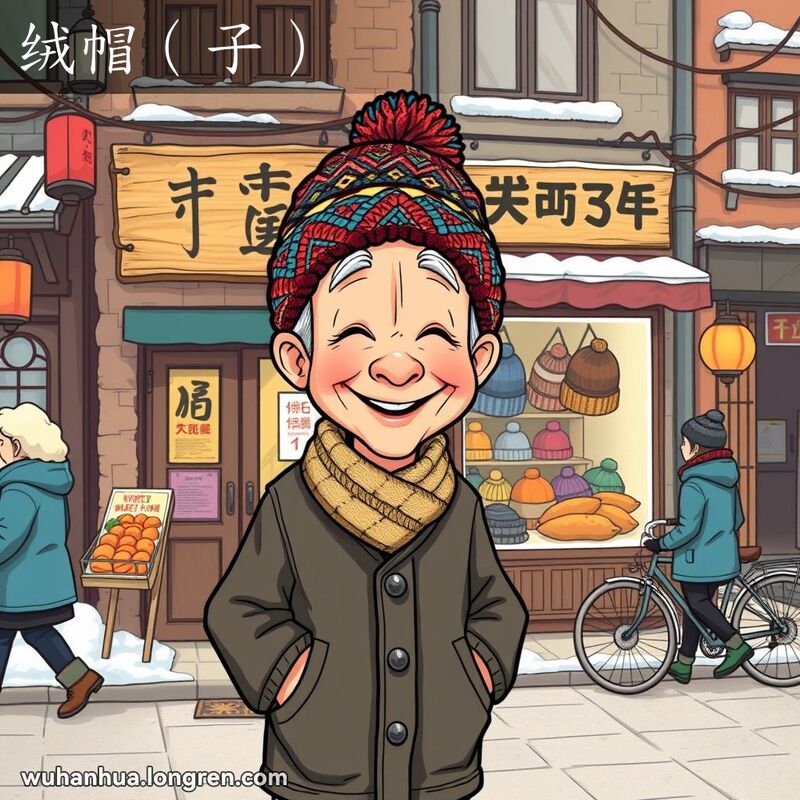 一位戴着传统绒帽的老人站在武汉冬季街头的小店前，背景有卖烤红薯的小贩和自行车。