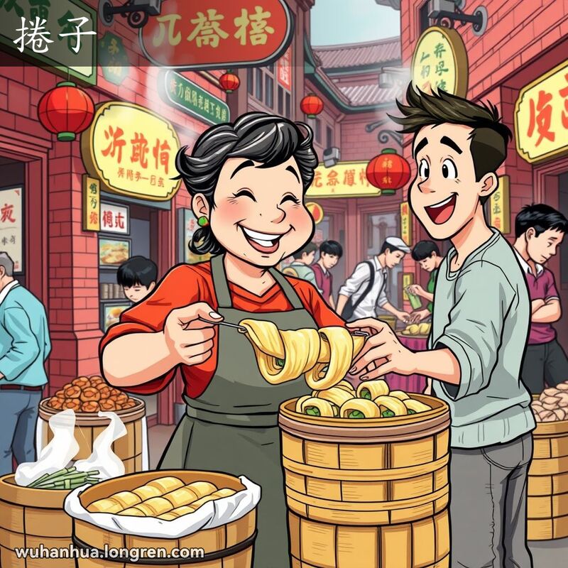 武汉街头市场，摊贩展示刚出炉的“捲子”给顾客，背景有其他摊贩和热闹市场。
