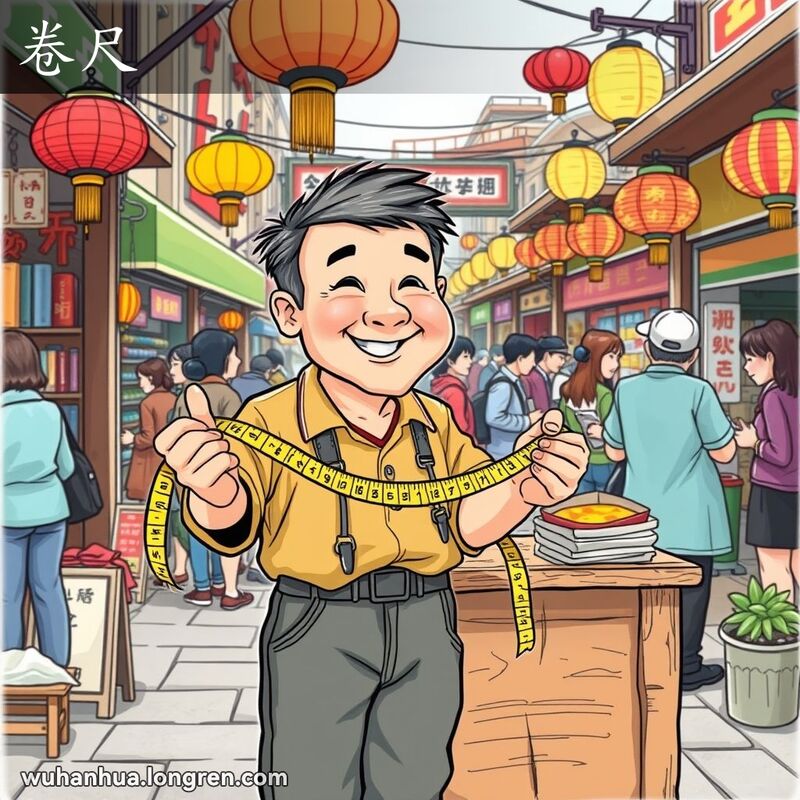 一位中年摊贩在武汉街市的小木摊前，手持卷尺展示使用方法，背景是热闹的市场摊位和传统灯笼。