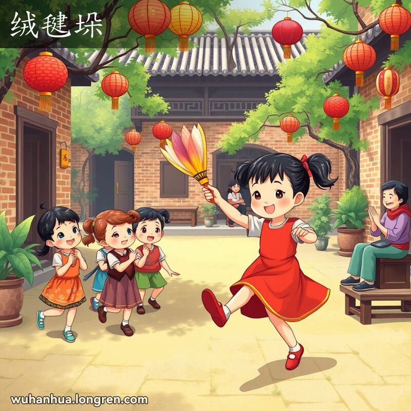 一群孩子在武汉庭院中玩耍，小女孩手持五彩毽子准备踢起，背景有传统灯笼和成年人。