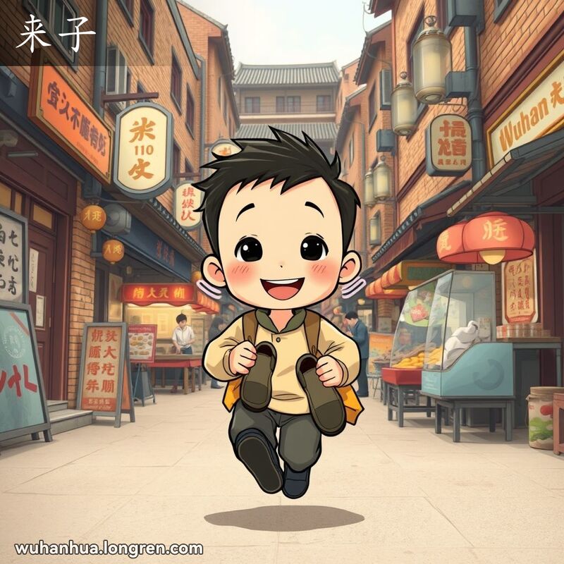 一个老武汉街头的男孩笑着跑向观众，手里拿着橡皮鞋，背景是老武汉的街景