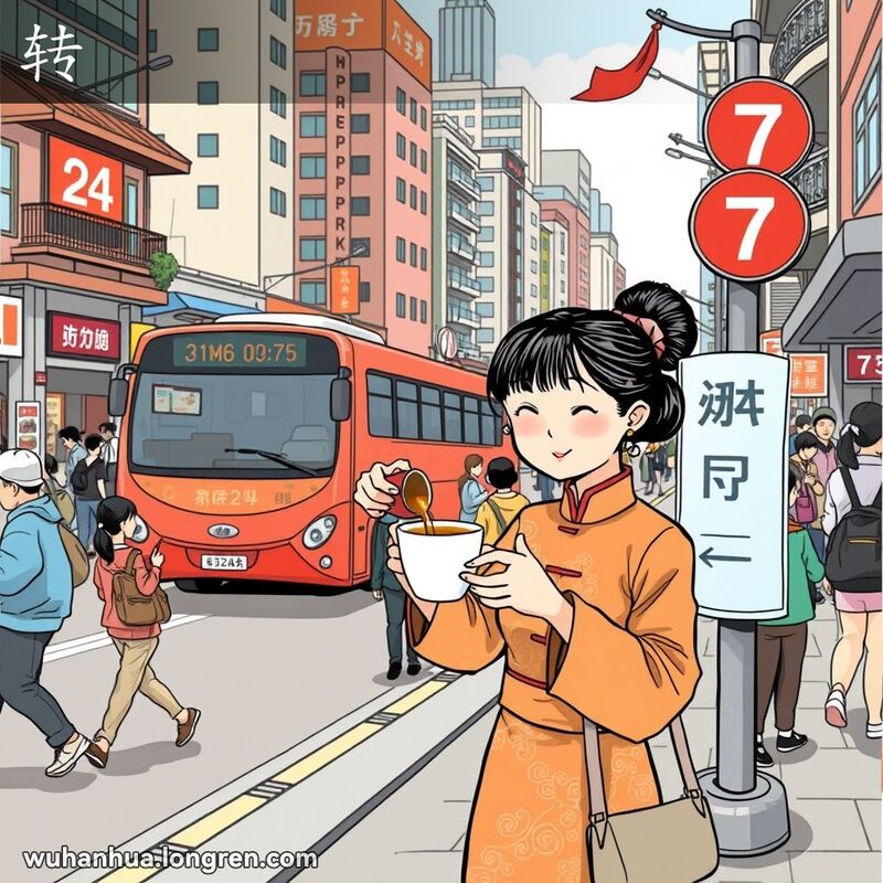 一位武汉女子在街边公交站牌前倒茶水，背景中公交车驶来，展示“转”的含义
