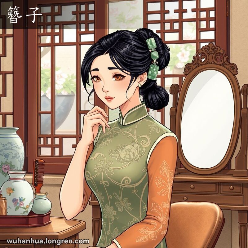 一位身穿旗袍的武汉年轻女子坐在古色古香的梳妆台前，小心翼翼地将一枚精美的玉簪插入她的发髻中，背景是传统的中式雕花窗户和宁静的庭院。