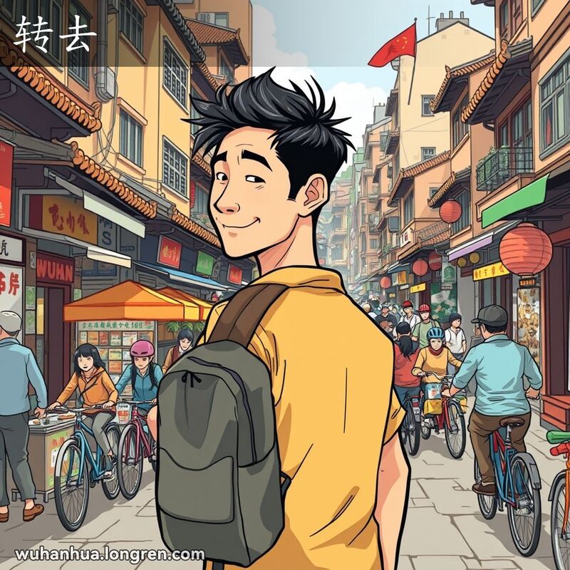 一位男子背着背包，微笑着回头看向观众，正在返回，背景是武汉繁忙的街道，有传统建筑、小摊贩和骑自行车的人