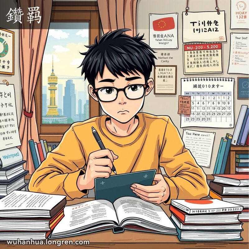 一位年轻人在书房里专注学习，背景是武汉的天际线和黄鹤楼