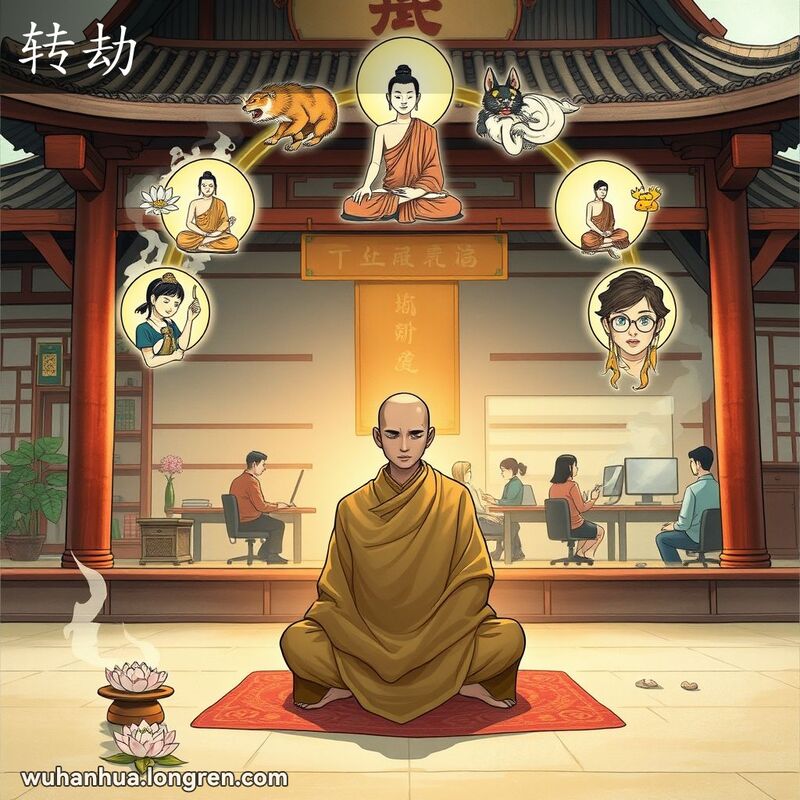 佛教庙宇中僧人冥想，周围有莲花和香火，上方展示生命轮回，背景是现代办公室轮流工作的场景