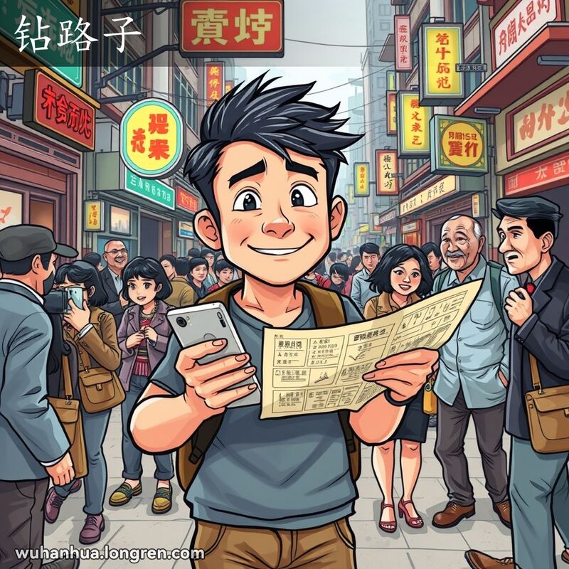 一位武汉男子在繁忙的城市街道上，手持地图和手机，试图通过各种人脉和网络找到自己的路。