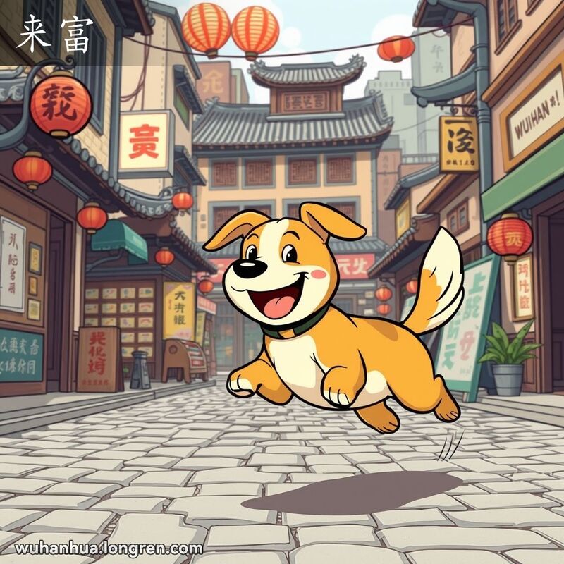 一只活泼的狗在武汉老街上奔跑，背景是传统建筑和复古街景，代表武汉方言“来富”。