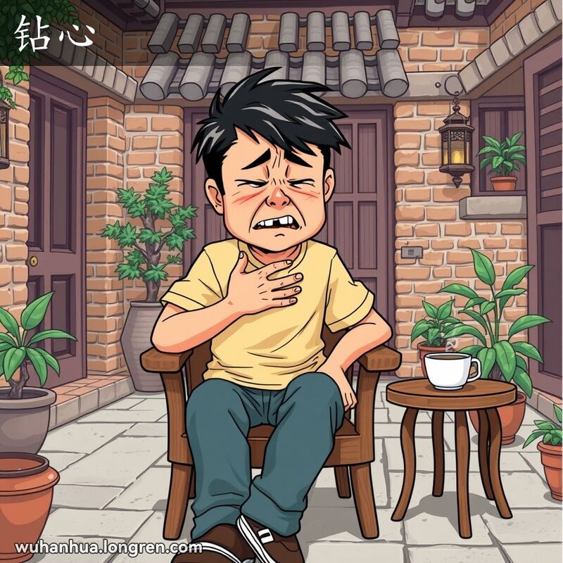 一位武汉市民坐在庭院中，手捂胸口，面露痛苦的表情，背景是武汉老院子