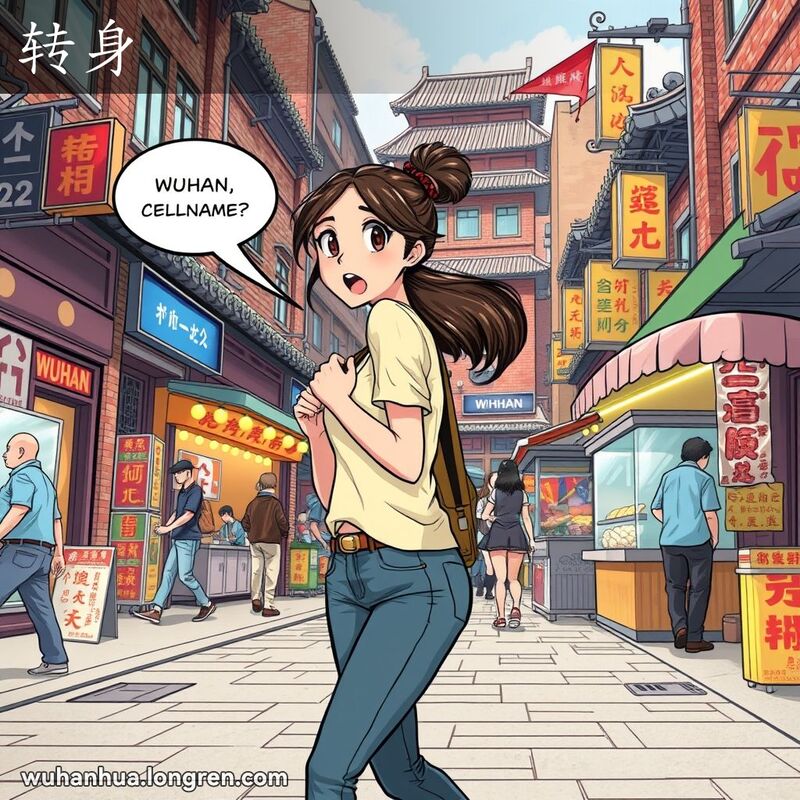 一位年轻女子在武汉街头行走，听到呼唤后转身，背景是武汉老街景