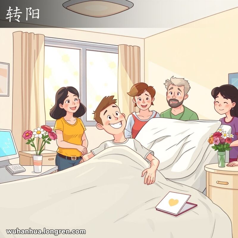病房内病人坐在床上微笑，家属围绕在床边，阳光明媚，床头柜上有鲜花和祝福卡片