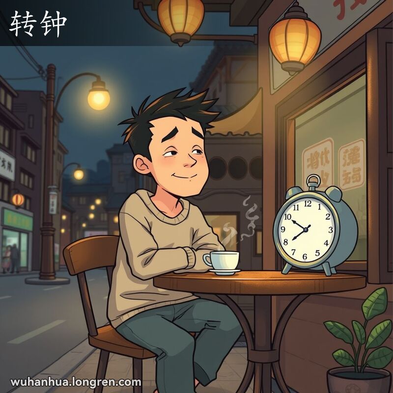 武汉夜晚街景，年轻男子在茶馆里看着显示凌晨12:05的时钟，享受深夜时光