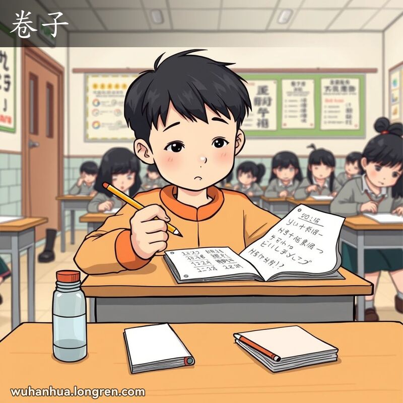 一位武汉学生在教室里参加考试，专注地答题，背景中其他学生也在答题，老师在巡视。
