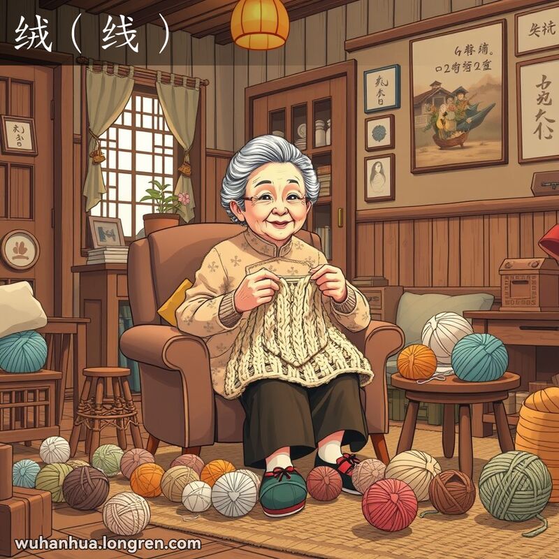 一位武汉奶奶在客厅里织毛衣，周围散落着各色毛线球，房间温馨布置。