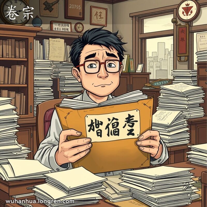 一位中年男子坐在办公桌前，手持一叠厚厚的文件夹，背景是凌乱的办公室，桌上和书架上堆满了文件夹。