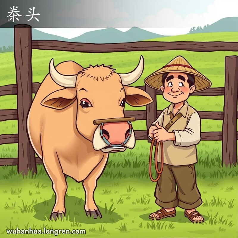 一头牛鼻子上穿着小木棍或金属环，农民站在旁边，背景是农场场景
