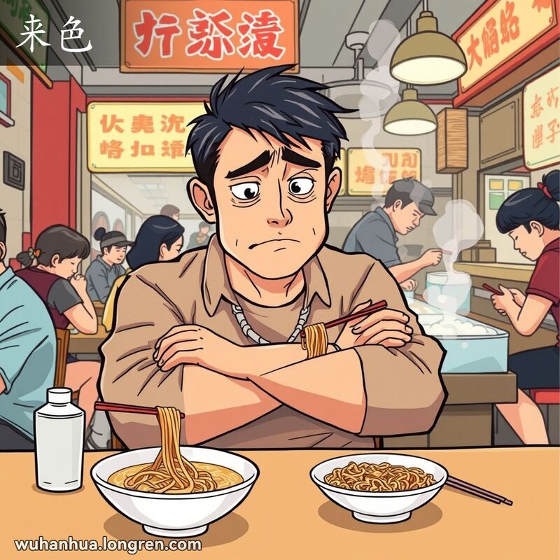 一位中年男子坐在武汉面馆里，望着面条露出不耐烦的表情，背景是忙碌的面馆场景