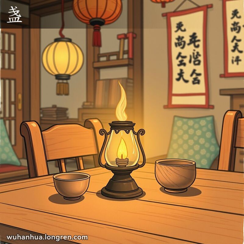 温馨的武汉传统家庭场景，木质家具和柔和的灯光，中心是一盏古色古香的油灯，旁边是一只简朴的茶杯，背景有传统中国装饰。