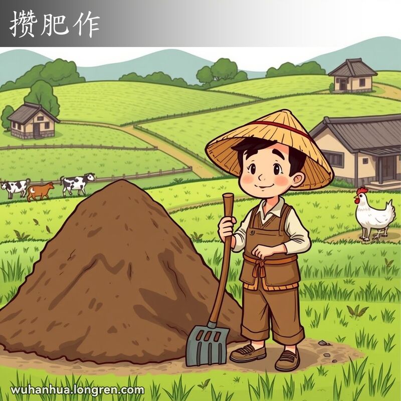 一位武汉农民站在粪肥堆旁，手持叉子，脸上带着满意的表情，背景是武汉农村景象
