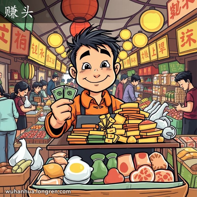 武汉市场中的商贩站在摊位后，手拿钞票，指着商品，表示有利可图，背景是热闹的市场场景