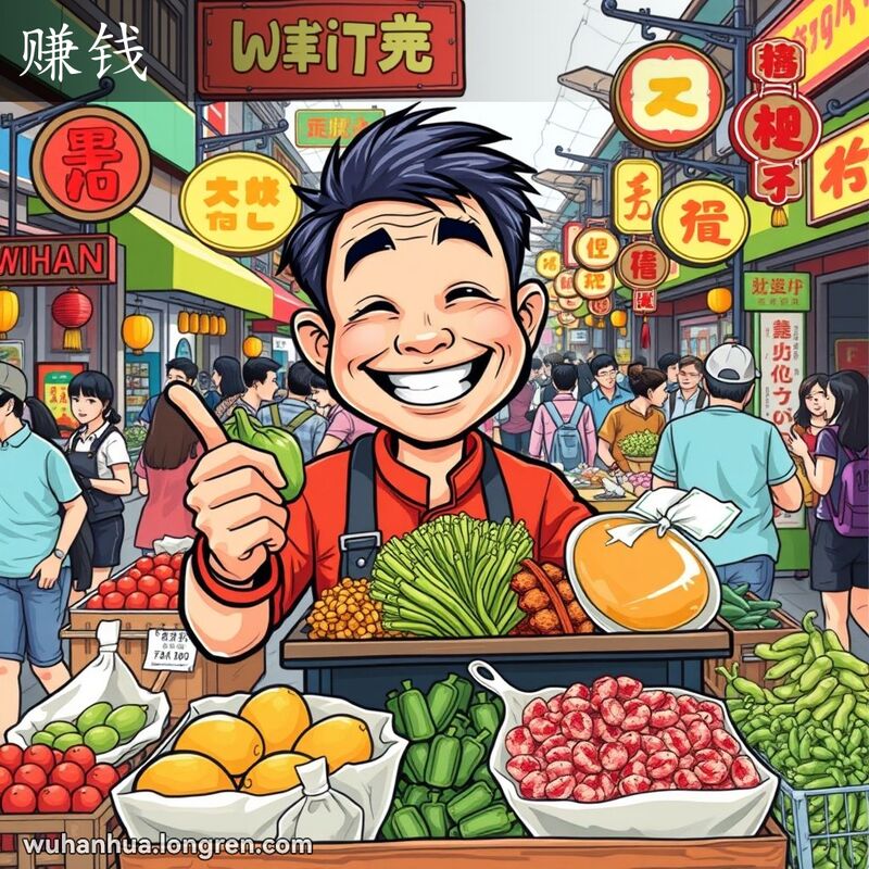 一位武汉小贩在市场摊位前展示一叠钞票，脸上带着满意的笑容，背景是繁忙的市场和传统街道标志