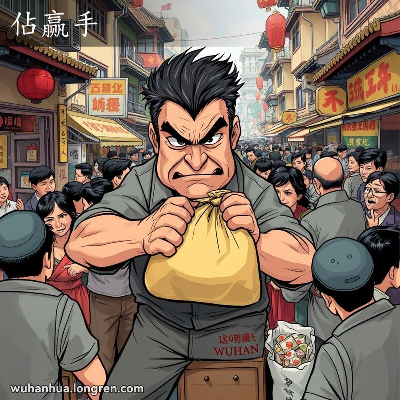 一位男子在武汉街头小摊前强行占据有利位置，推挤他人，展现“佔赢手”的霸强态度，背景是热闹的街市