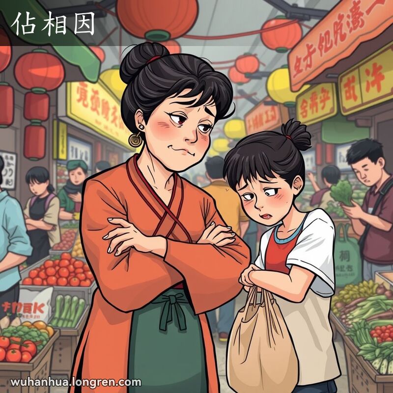 一位中年妇女在武汉市场中，神情严肃地俯视一位年轻人，背景是忙碌的市场摊位。