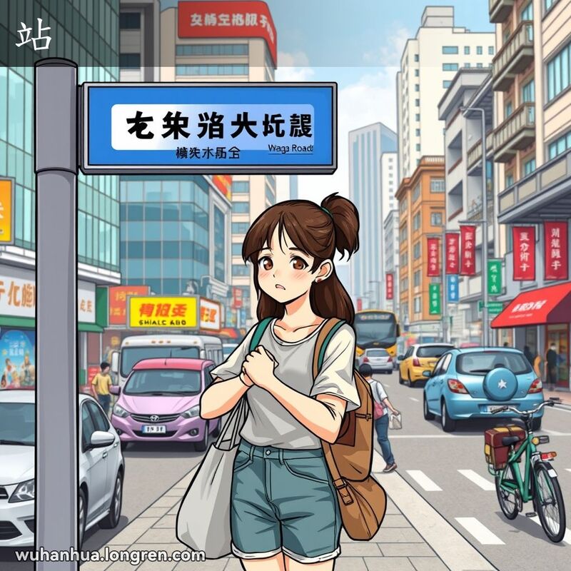 一位年轻女子在武汉市江汉路公交车站等待公交车，背景是繁忙的街道