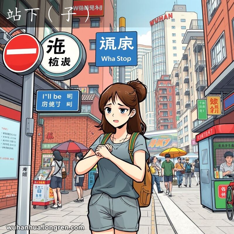 一位年轻女性在武汉街头公交站台等待，看着手表表情焦急，体现“站下（子）”的意思。