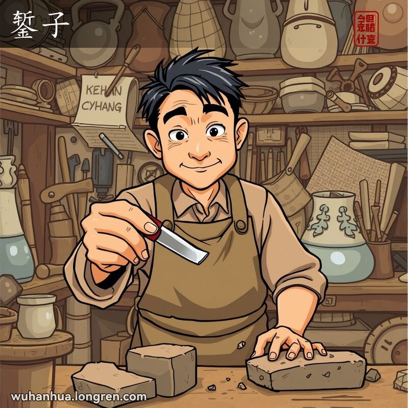 一位武汉工匠在工作坊中使用錾子雕刻石头或金属，背景是杂乱的工作台和工具