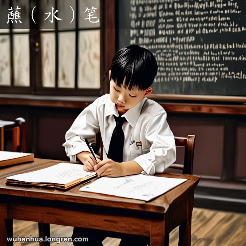 一位学生在教室里用钢笔蘸墨水写字，背景有黑板和传统书法海报