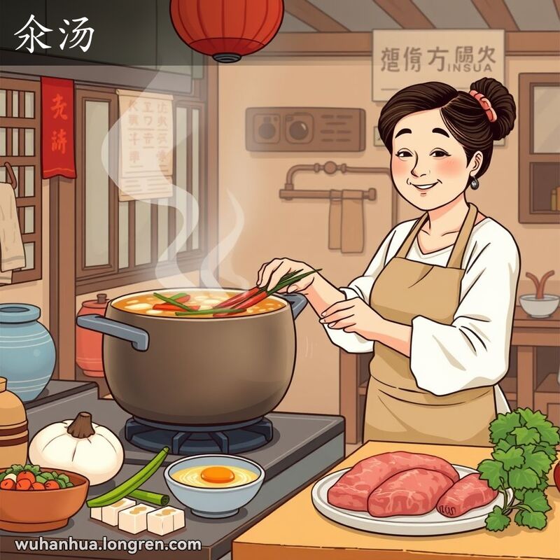 一位中年妇女在厨房里煮汤，背景是温馨的家庭氛围