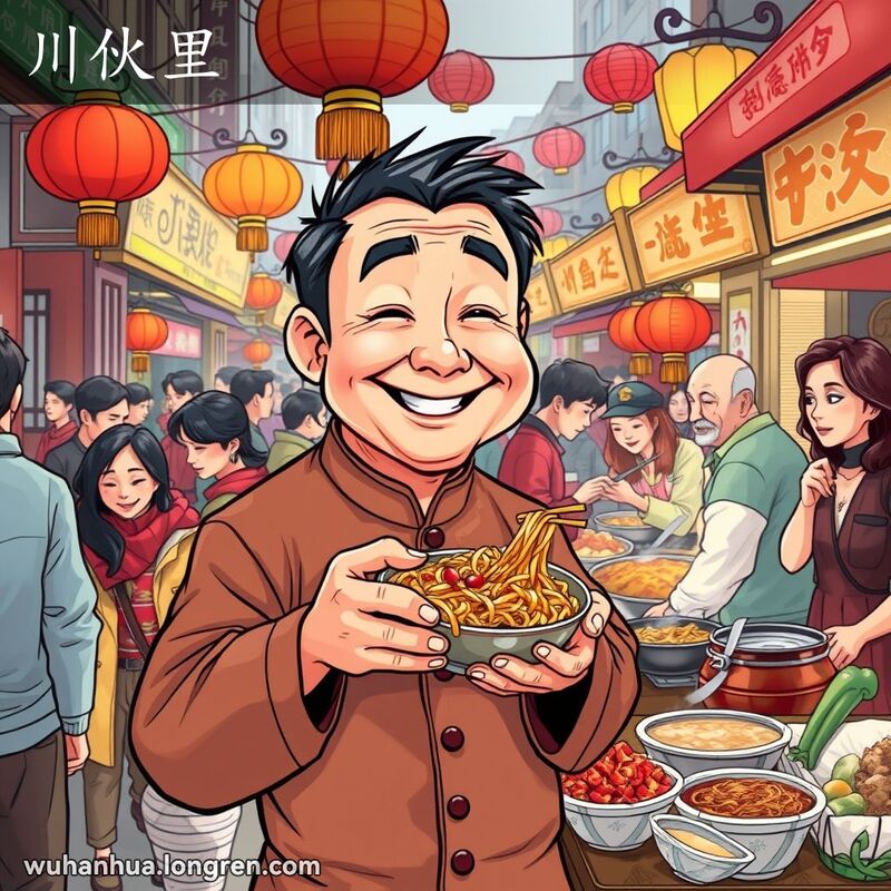 武汉街头市场，一位穿着四川服饰的男子手持麻辣面，背景有火锅和麻辣豆腐摊位