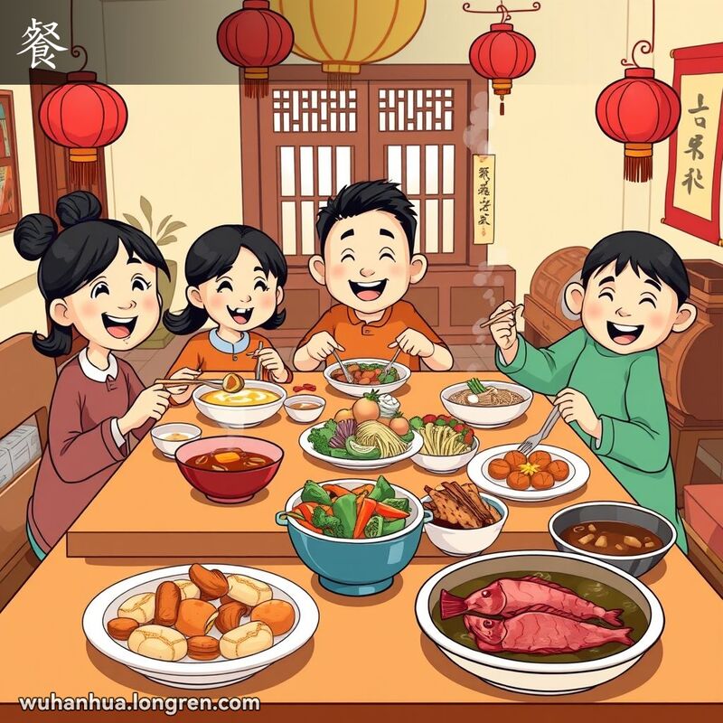一个温馨的家庭餐桌场景，展示一天三餐，背景有红灯笼和书法挂轴，画面生动鲜艳。