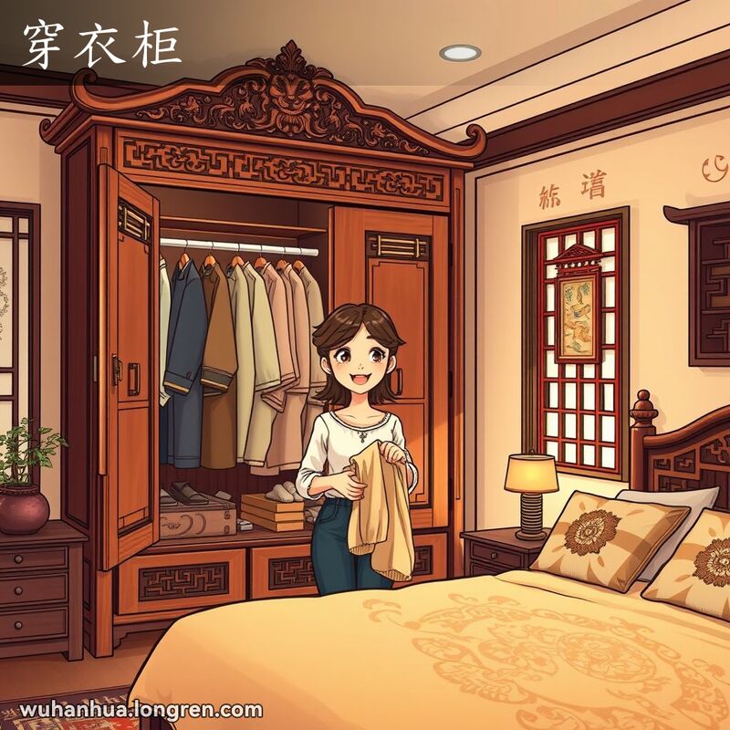 一位武汉妇女站在传统木质衣柜旁，衣柜门微开，露出整齐挂着的衣物，背景是温馨的卧室场景