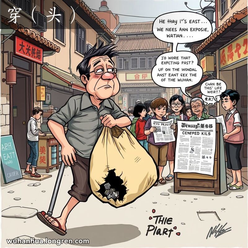 一个瘸腿男子提着破袋子，背景中人们讨论丑闻，表现“穿（头）”的意思