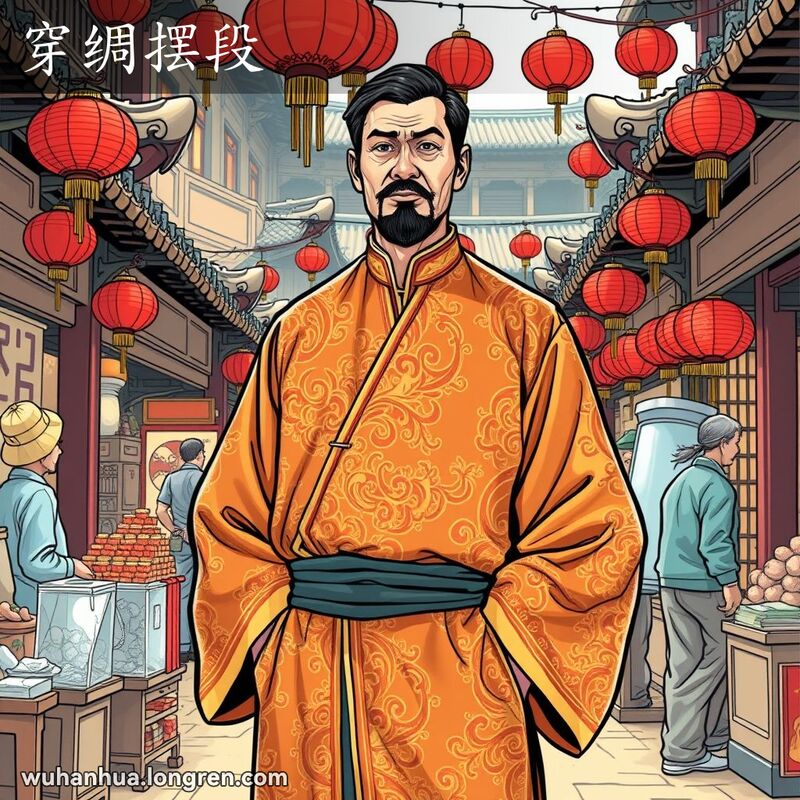 一位穿着华丽丝绸长袍的武汉男子站在热闹的市场中，周围是摊贩和传统建筑，体现“穿绸摆段”的奢华感