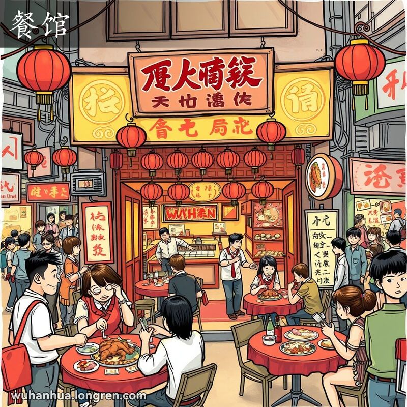 武汉街头一家热闹的餐馆，门口挂着红灯笼和招牌，内部顾客享用地道美食，服务员忙碌，背景有小店和摊贩