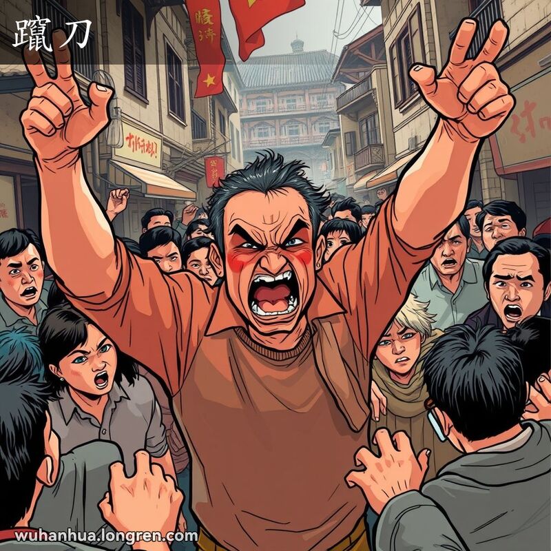 一位男子在武汉街头情绪失控，愤怒地挥舞手臂，周围人群震惊或安抚，背景是武汉传统建筑和狭窄巷子