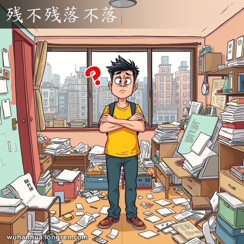 一位武汉市民站在杂乱的房间里，周围是半完成的任务和散落的物品，表情困惑和沮丧，双手抱头，不知道该如何是好。