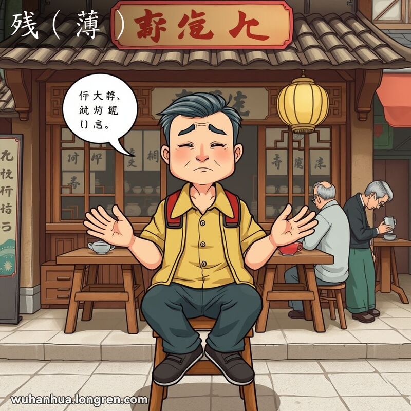 一位中年武汉男子坐在茶馆前，脸上带着无奈的表情，背景是传统茶馆和武汉老街景