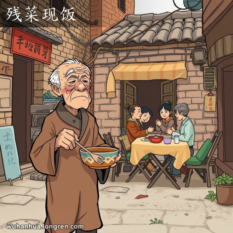 一位老乞丐站在武汉老街上，手持碗呼喊“把点残菜现饭”，背景中一户人家正在用餐，桌上有剩饭剩菜。