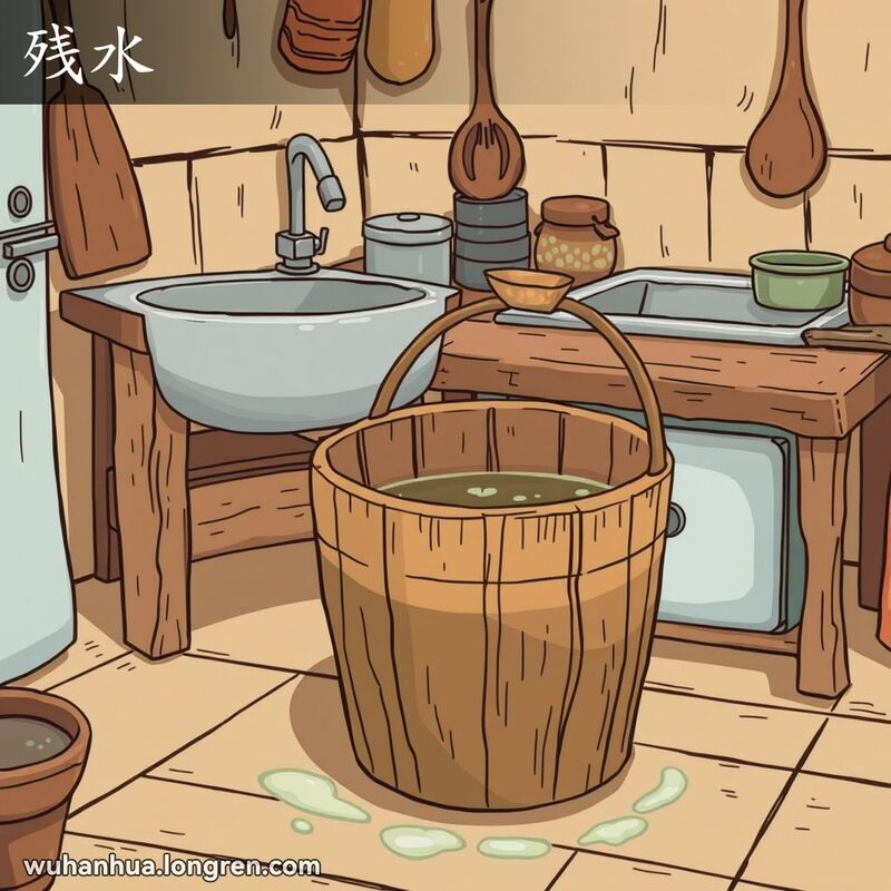 一个传统的武汉家庭厨房，厨房里有一个大木桶放在水槽旁边，桶里装着半桶浑浊的用过的水，象征着“残水”的概念。
