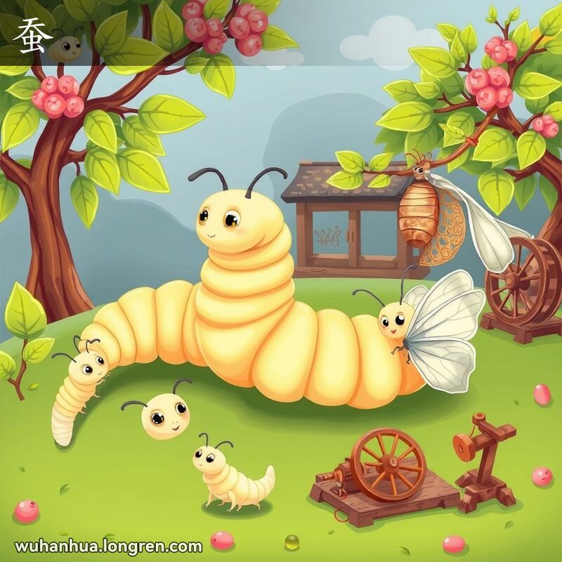 蚕的生命周期插图，从幼虫吃桑叶到变成蛾，背景有桑树和丝绸制作工具