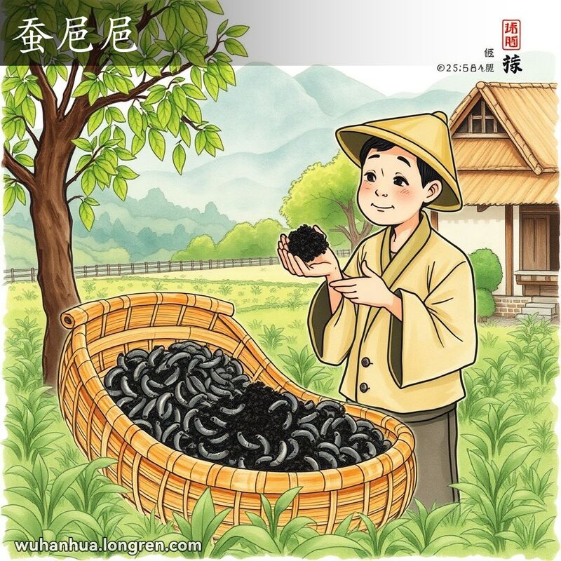 一位中国农民手捧蚕沙，背景是乡村农场景象