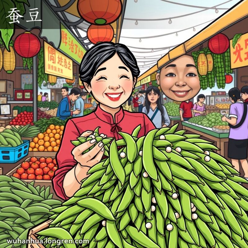 武汉露天市场上，一位妇女手持蚕豆，背景是繁忙的市场摊位和人群。