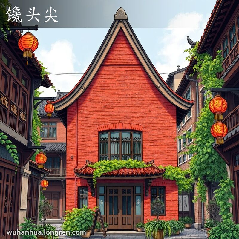 武汉老街背景下，一座红砖建筑的屋顶形似犁尖，周围有绿植和灯笼