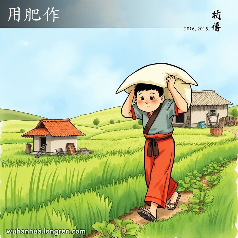 一位中国农民在田野中手持肥料袋，准备施肥，背景是农舍和农具
