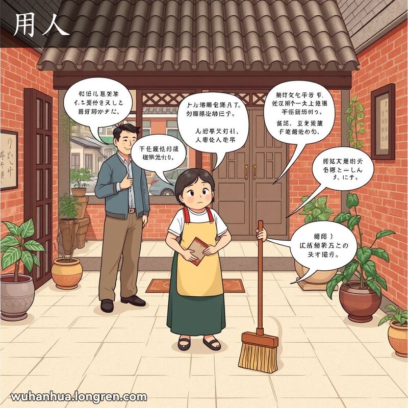 一位中年妇女在武汉庭院中打扫，男主人在指挥她做家务，背景是典型的武汉老街景